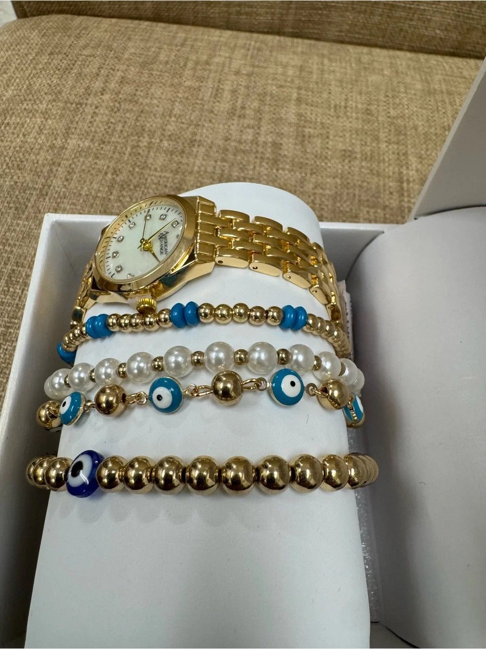 American Exchange Women’s Analog Gold Tone Bracelet Watch White Dial Box Set